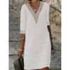 New Solid Color V-Neck Mid-Sleeve Cotton Elegant Dress