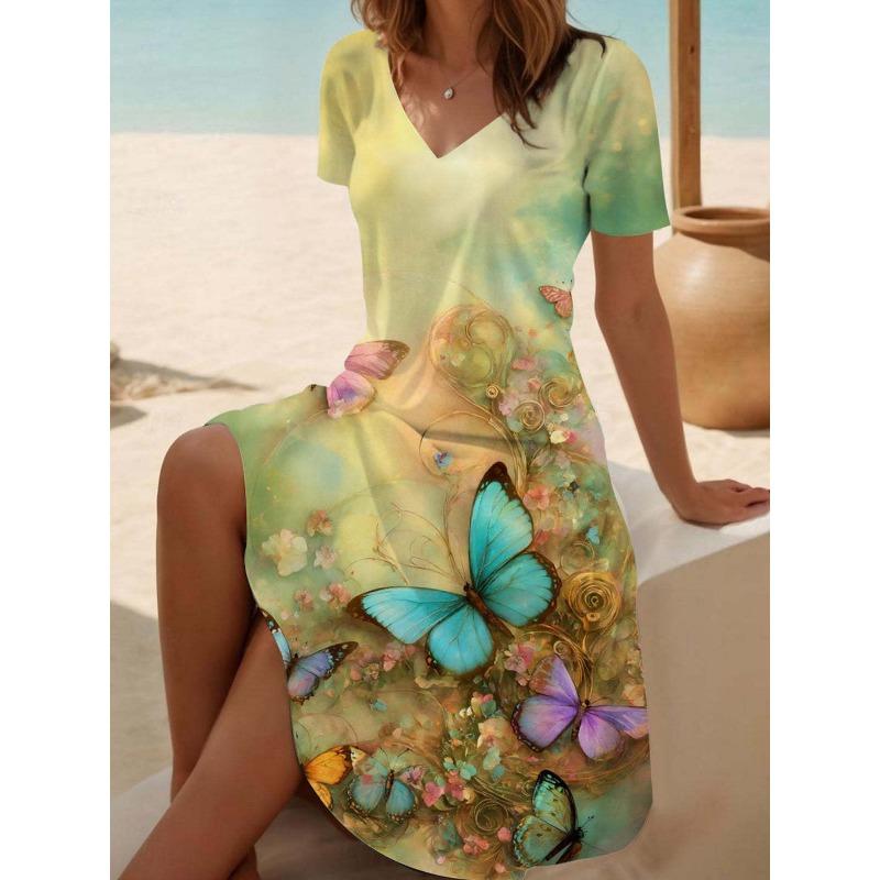 

YYFS женская мода лето весна цветочный узор принт короткий рукав v-образный вырез свободная талия повседневные платья L