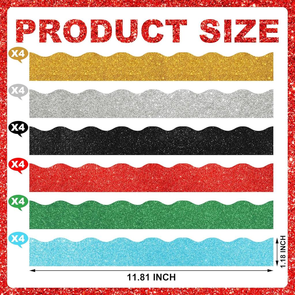 24 PCS Colorful Magnetic Bulletin Board Border Glitter Classroom Border Decor Colorful Scalloped Magnetic Border Trim Strips for School Classroom