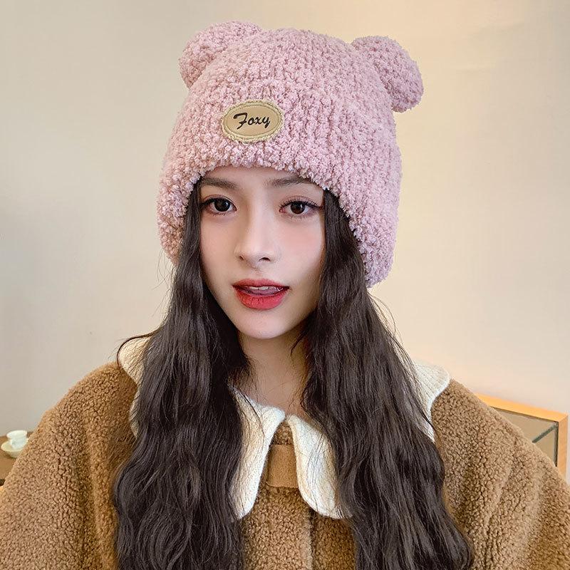 Cartoon bear plush thread warm hat women winter pullover ear protector knitted hat trendy face small cycling hat