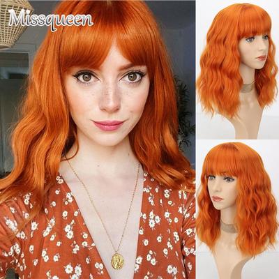 Perucă pentru femei, portocaliu, până la umeri, cu breton, fibră sintetică, cosplay, ținută zilnică, perucă ondulată scurtă