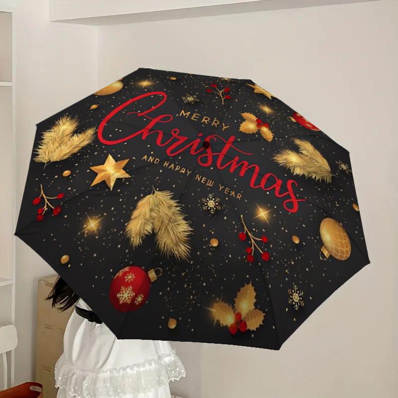 1pc Christmas Wreath Gold Glitter Umbrella with Plastic Handle,Suitable for All Seasons Home Travel Outdoor UmbrellaDD494