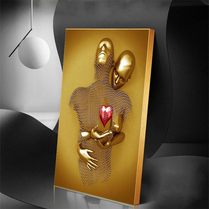 Metal Figure Statue Art Canvas Painting Golden Modern Lovers Sculpture Poster and Print Wall Pictures for Living Room Home Decor