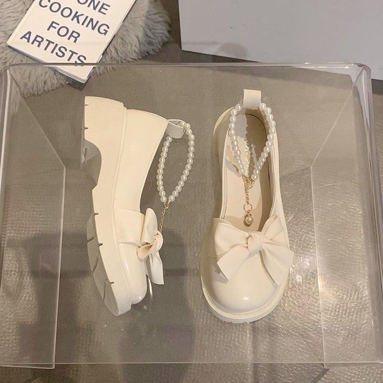 Mary Jane Small Leather Shoes Women's Thick Heel Thick Sole Heightening Japanese Jk Round Head Bow Pearl Chain Loafers