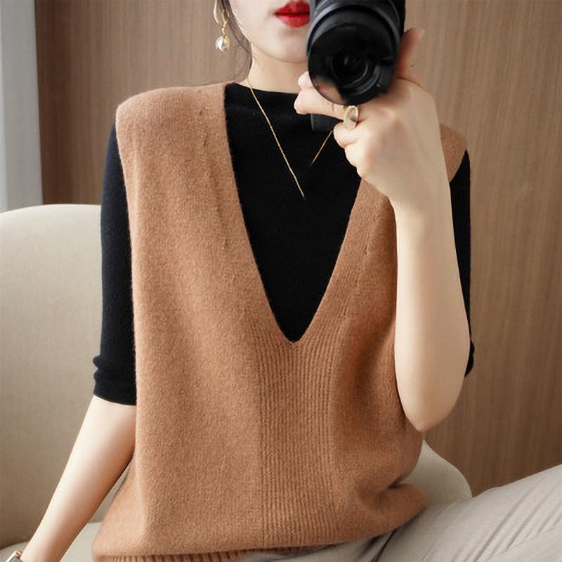 Colete Tricotado Primavera Verão Feminino Gola V Sem Mangas Pulôver Moda Solto Fino Peça Externa Outono Inverno