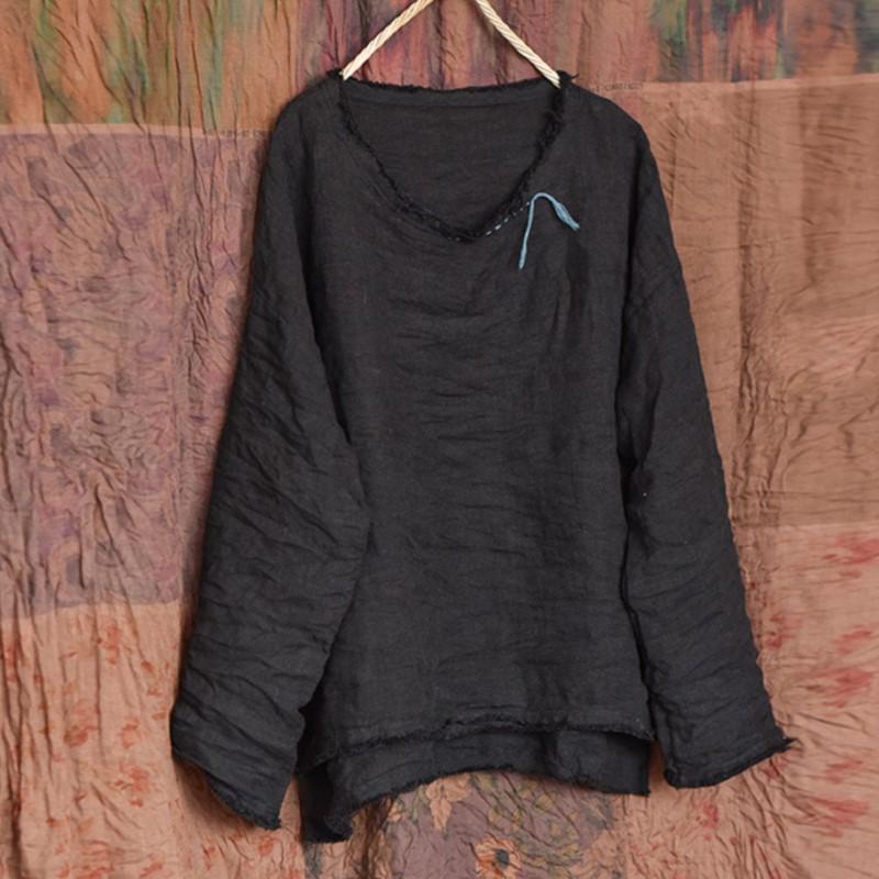 Johnature Vintage Damen T-Shirts Einfarbig Herbst T-Shirts O-Ausschnitt Langarm Stickerei Unregelmäßig Damen T-Shirts