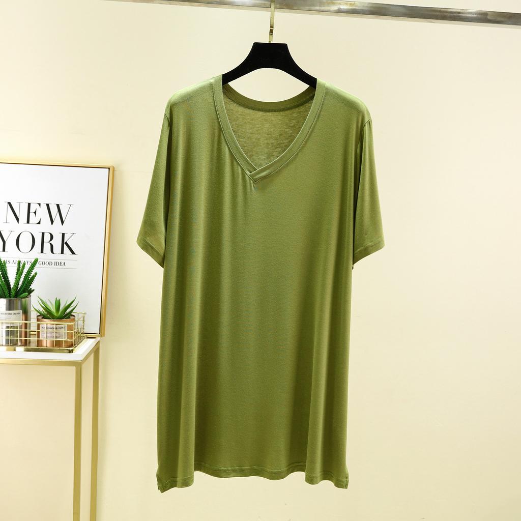 Damen V-Ausschnitt Kurzarm T-Shirt Lockerer Schnitt Lässiges Modal Strickoberteil Einfarbig Sommer Mittellanges Layering-Shirt