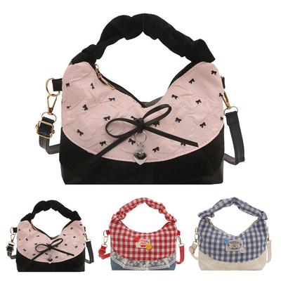 Bow Lace Splicing Dumpling Handbag Grid French Underarm Pouch Tote Bag Single-shoulder Crossbody Bag Daily Commuting Bag
