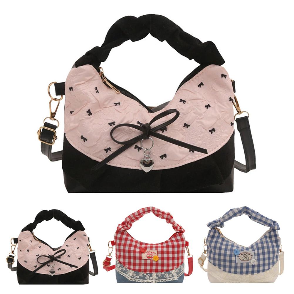 Bow Lace Splicing Dumpling Handbag Grid French Underarm pouch Tote bag Single-shoulder crossbody bag Daily commuting bag