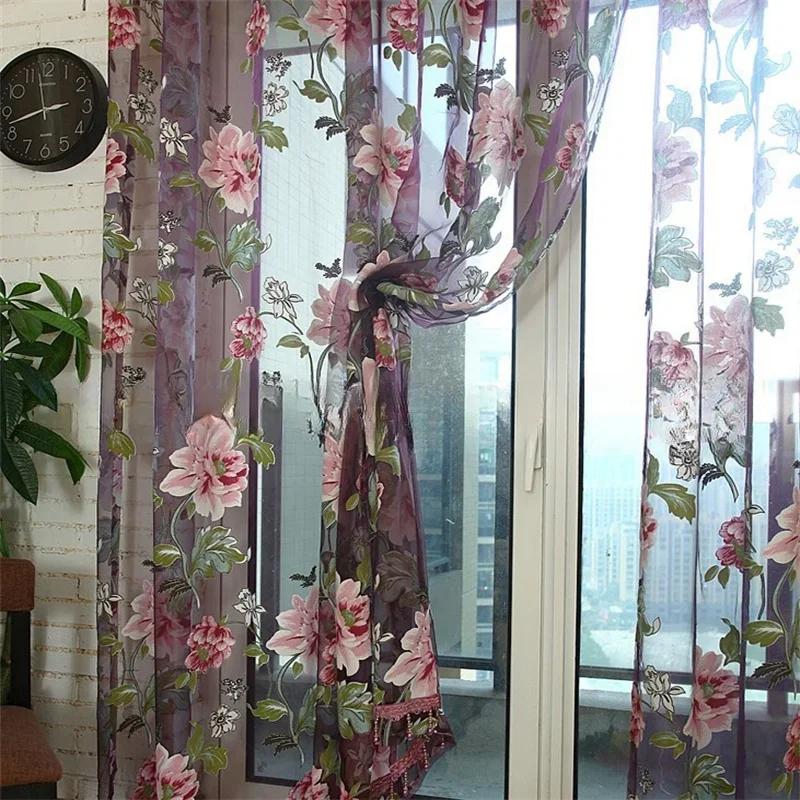 Fashion 1pcs Peony Tulle Curtains For Kitchen Door Window Living Room Bedroom Jacquard Sheer Voile Yarn