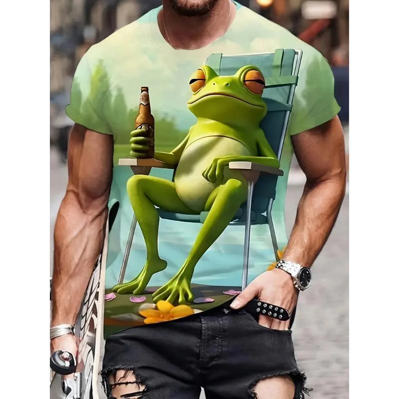 

Funny 3D Frog Drinking Beer Pattern Printed Men s T-shirts Summer Casual Daily Street Short Sleeve T-shirts 3XL