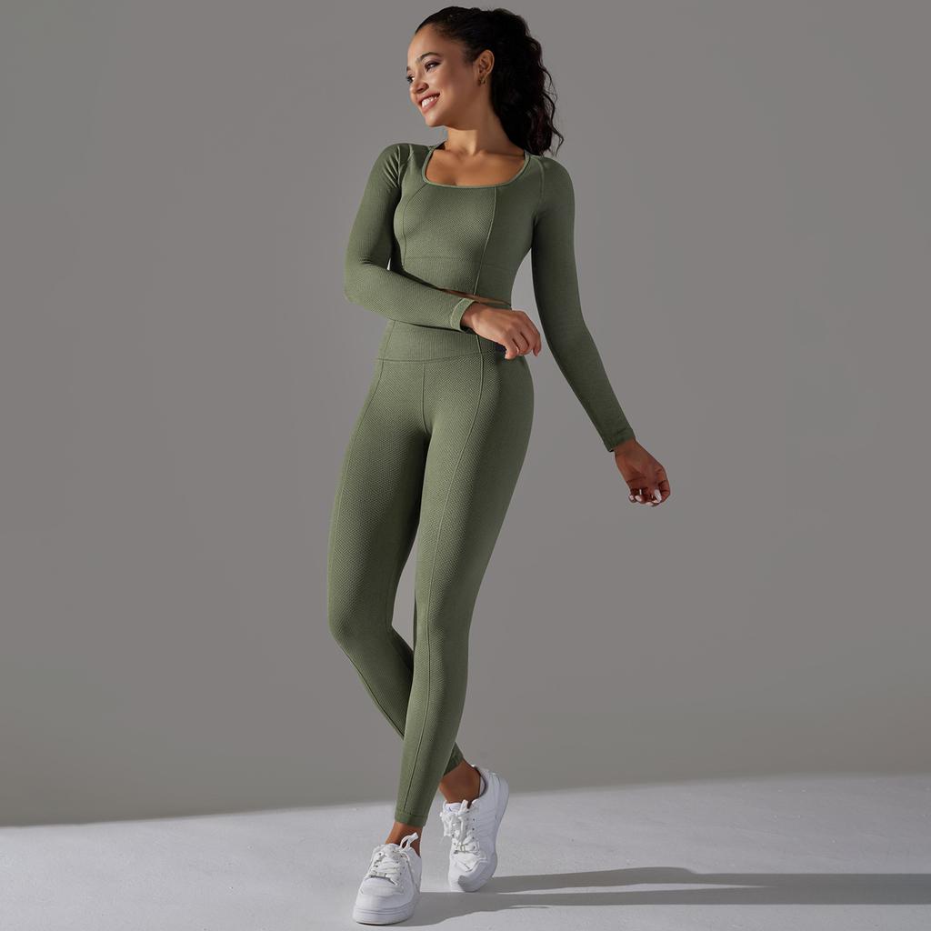 Seamless Knitted Long Sleeved Sports And Fitness Pants, Quick Drying Jacquard Breathable Hip Lifting Running Yoga Suit Set