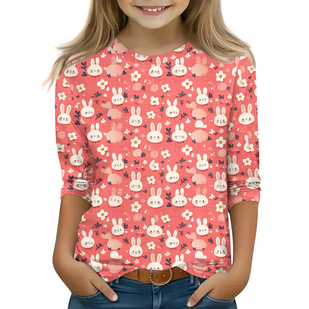 Print Tops For Youth Girls Round Neck 3/4 Sleeves T-Shirts Trendy Tops Outfit Tees