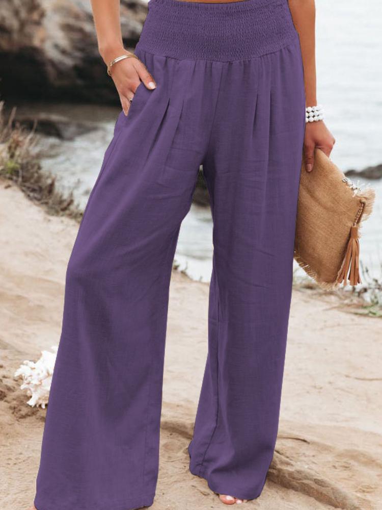 High Waisted Wide Leg Pants with Elastic Waistband, Light Beige Loose Fit Trousers for Women