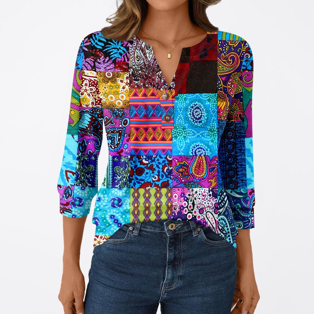 Women's Fashion Casual 3/4 Sleeve T-Shirt Prints V-Neck Button Top