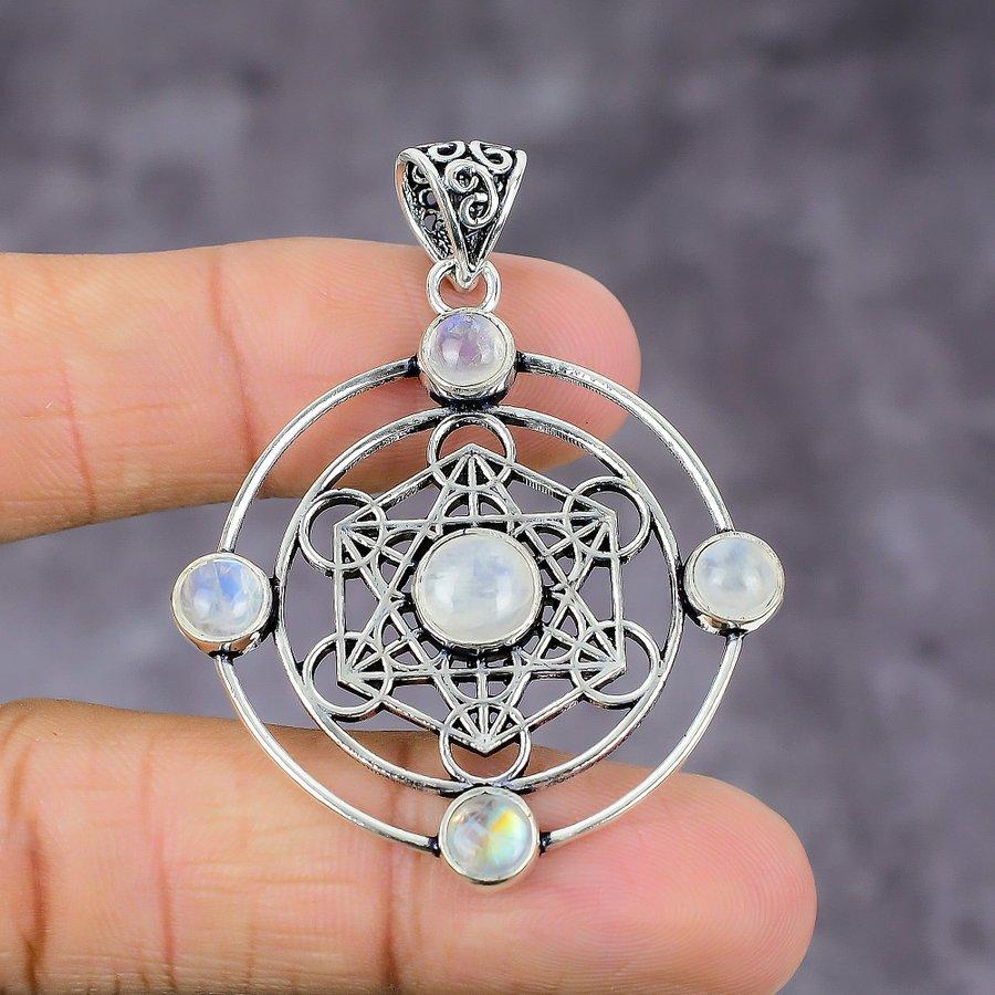 Natural Rainbow Moonstone Gemstone 925 Sterling Silver Pendant 2.17" J2s41