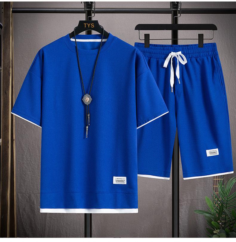 Hong Kong Style Waffle Casual Couple Suit with Loose Five-Point Shorts and Short-Sleeved Two-Piece