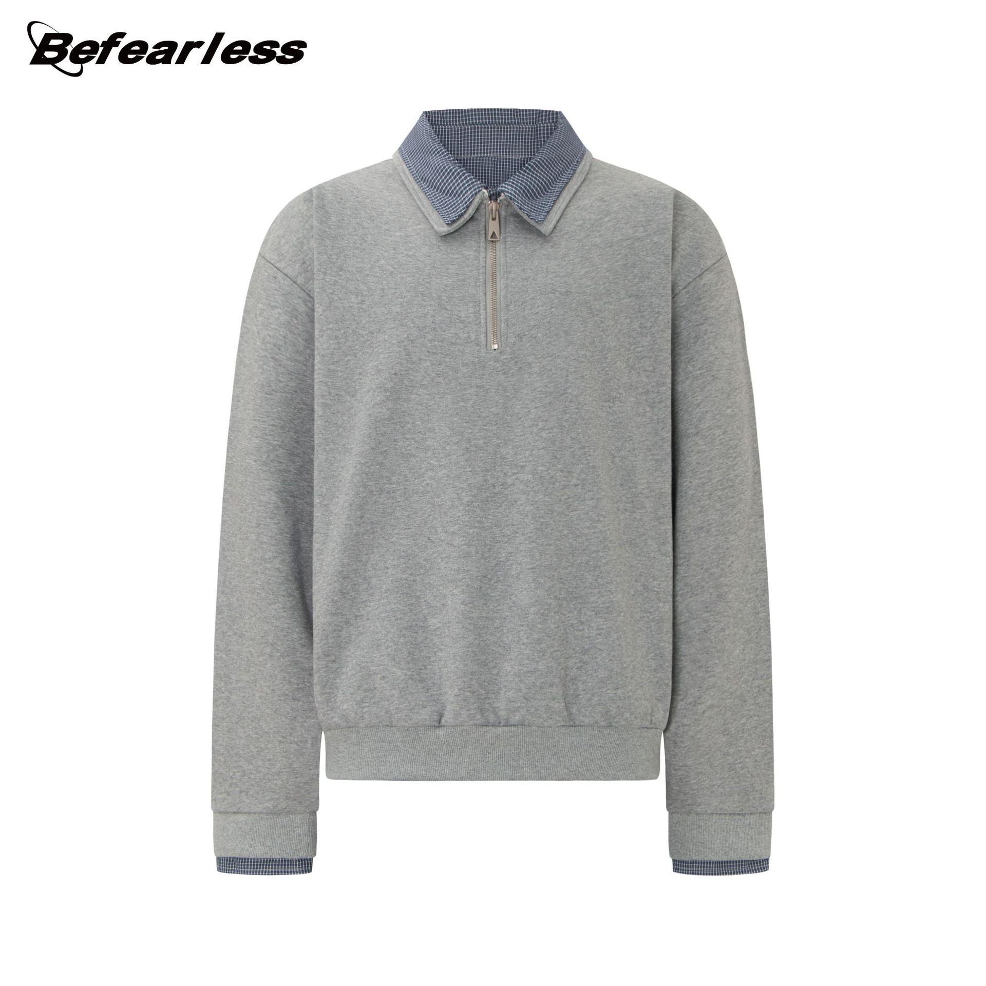 

Унисекс Ретро Свитшот в клетку пэчворк с воротником поло, длинными широкими рукавами и застежкой-молнией до середины. Small светло-серый