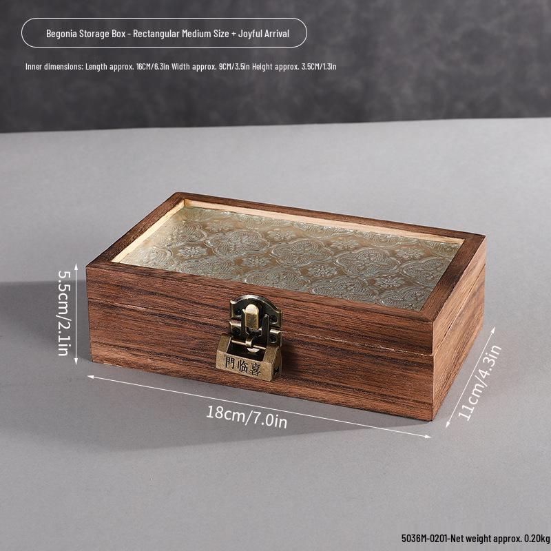 Retro Begonia Glass Lid Wooden Storage Box for Cosmetics, Snacks, Candy, and Documents - Dustproof and Multifunctional