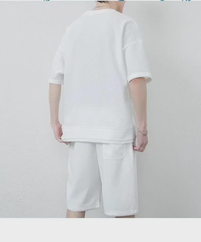 Herren Sommer Waffelstrick T-Shirt und Eisseide Shorts Set