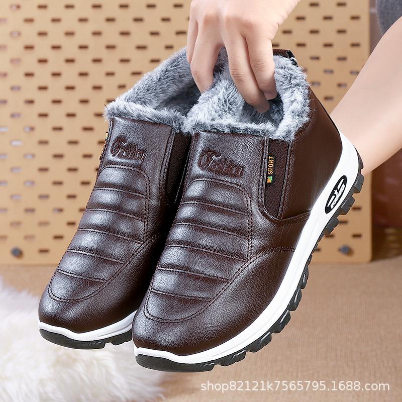 

Зимние мужские кожаные хлопковые ботинки мягкая подошва нескользящая кожаная поверхность водонепроницаемый бархат теплые хлопковые ботинки для пожилых 44
