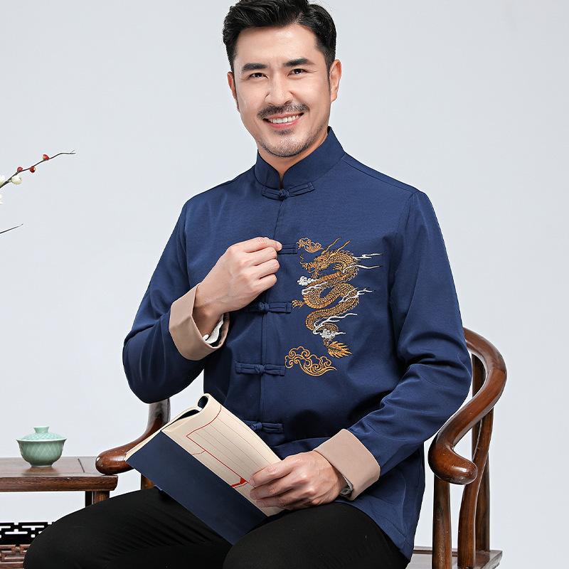 Frühlings- und Herbst Herren Tang Anzug Chinesischer Stil Bestickter Drache Herren Langarm Freizeitanzug Chinesischer Stil Tang Anzug