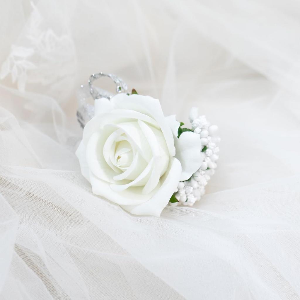 6pcs White Pink Corsage and Boutonniere Set Artificial Rose Wristlet Suit Flower for Men Wedding Party Prom Decoration