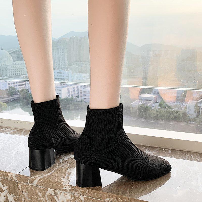 2025 Women's Fashion Boots Pointed Toe Square Heel One Kick Sleeve Short Boots Fashion Classic Knitted Breathable Stretch Boots