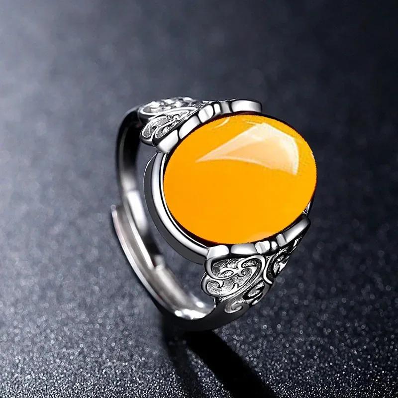 

2025 New Red Agate Chalcedony Ancient Silver Color Open Ring Female Crown Rhinestone Ring Hollow Jewelry Gift Adjustable Anillos жовтий