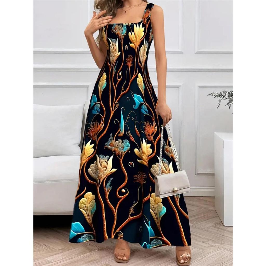 Women's Sleeveless Square Collar Printed Elegant Long Vest Dress