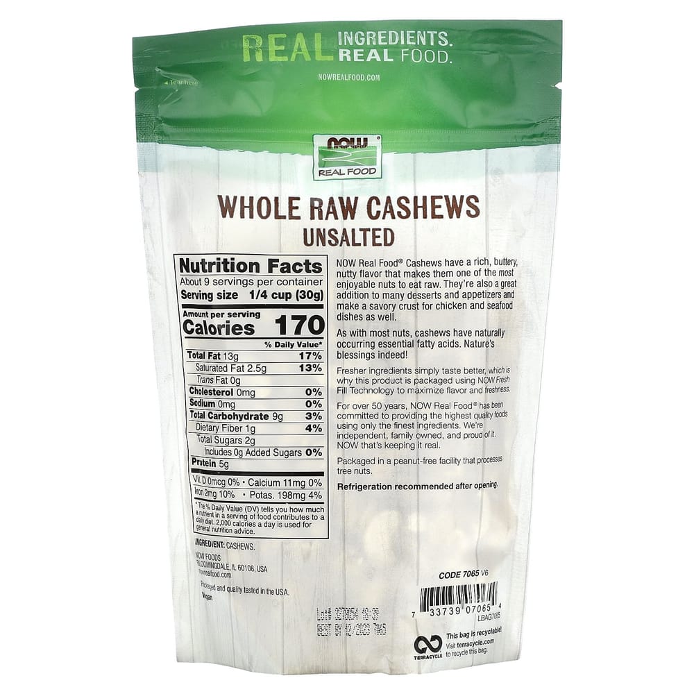 Now Foods Real Food Raw Whole Unsalted Cashews 284g (10oz)