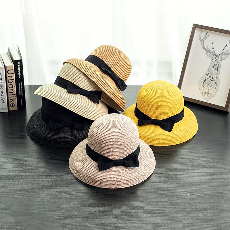 Black Ribbon Bowknot Straw Hat Classic Solid Color Sun Hats Elegant Summer Travel Beach Hats for Women Daily Use