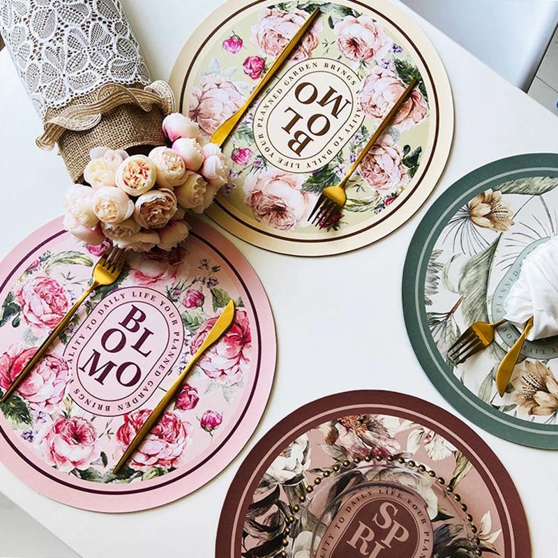 Elegant American Style Floral PU Leather Placemats Heat-Resistant Waterproof Durable Table Mats Dining Room Kitchen