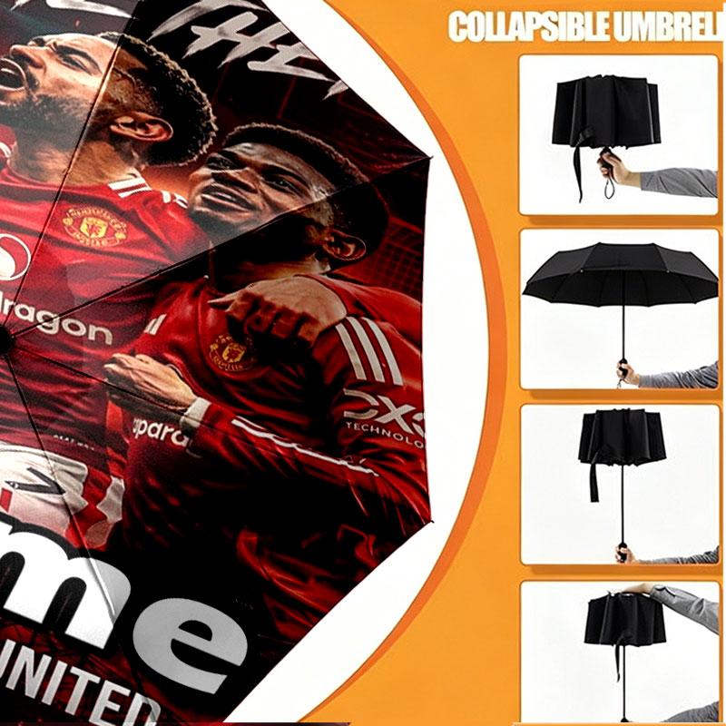 Custom Name Personalized Manchester United Print Umbrella, Auto Open Close, 8‑Rib Sturdy Frame, Commute Camping Hiking Use, Birthday Gift
