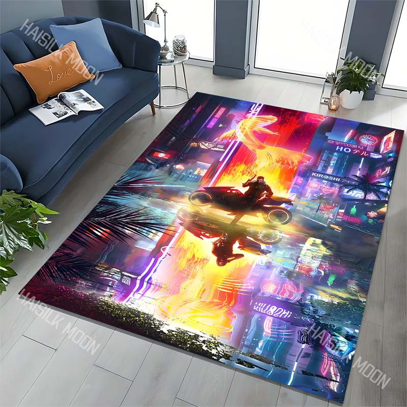 1PC Futuristic city with neon lights Carpet for Living Room Bedroom Sofa Home Decor Rus Non-slip Floor Mat Luxury Gift