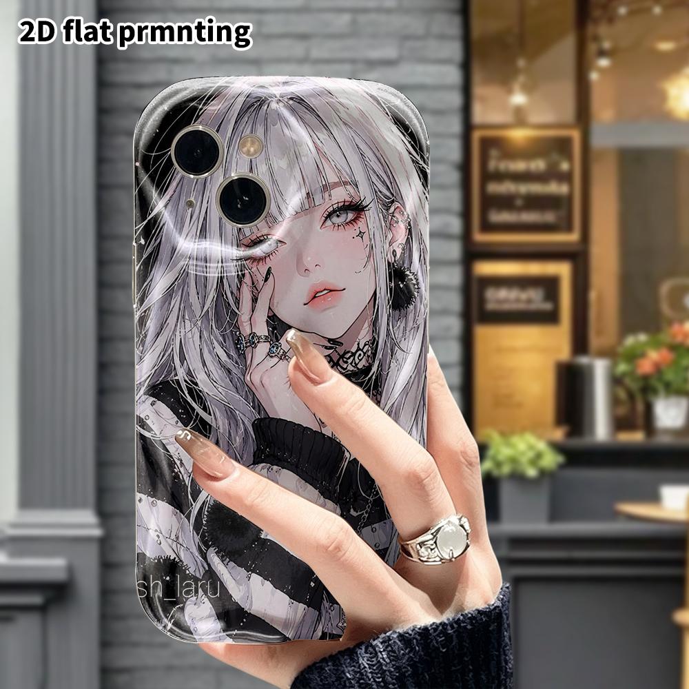 Phone Case: 2D flat, fits iPhone 18, 17, 16, 15, 14, 13, 12Pro protective case, silver long straight hair, perfect Christmas and Halloween holiday gif