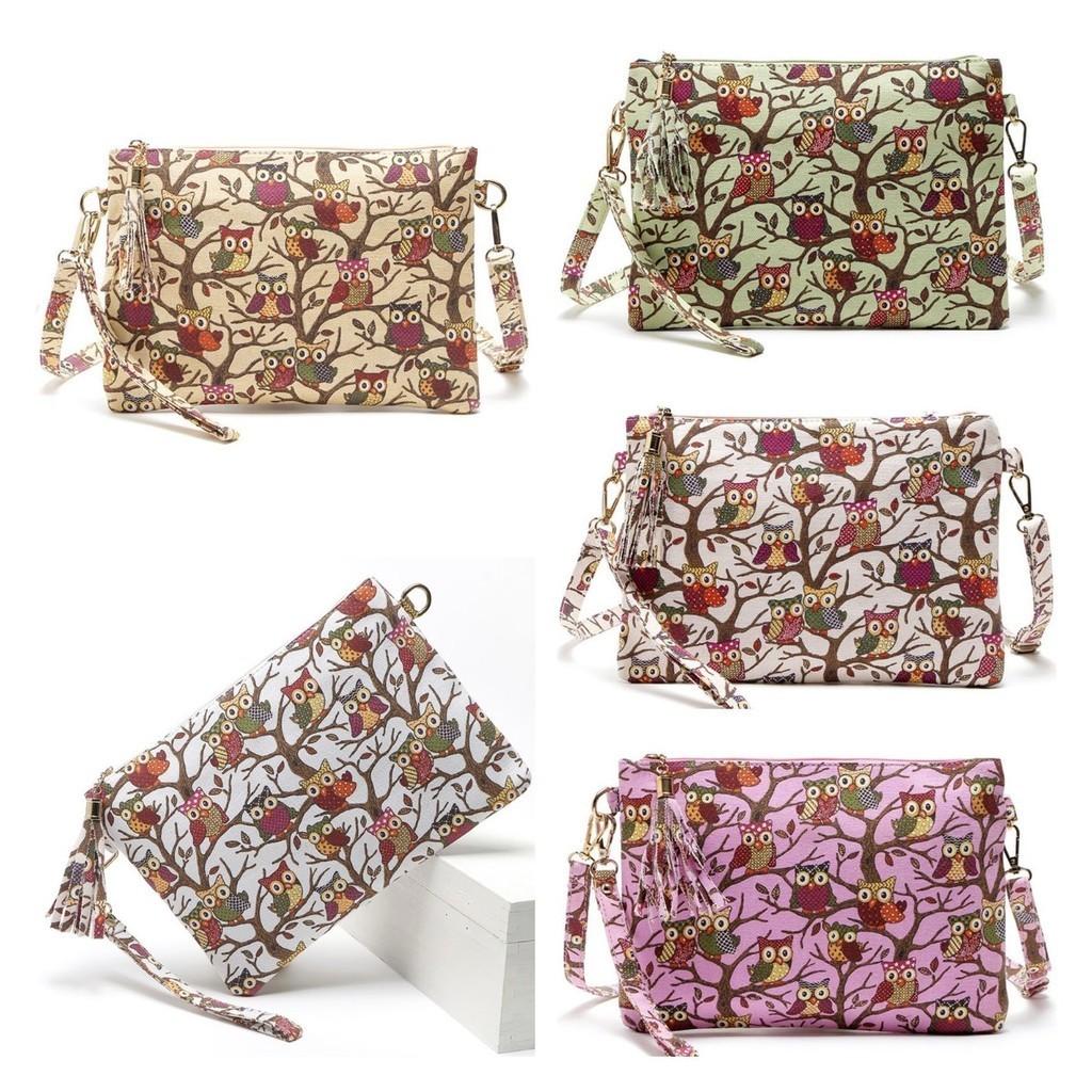 Cartoon Owl Canvas Crossbody Bag With Tassel And Zipper For Women**