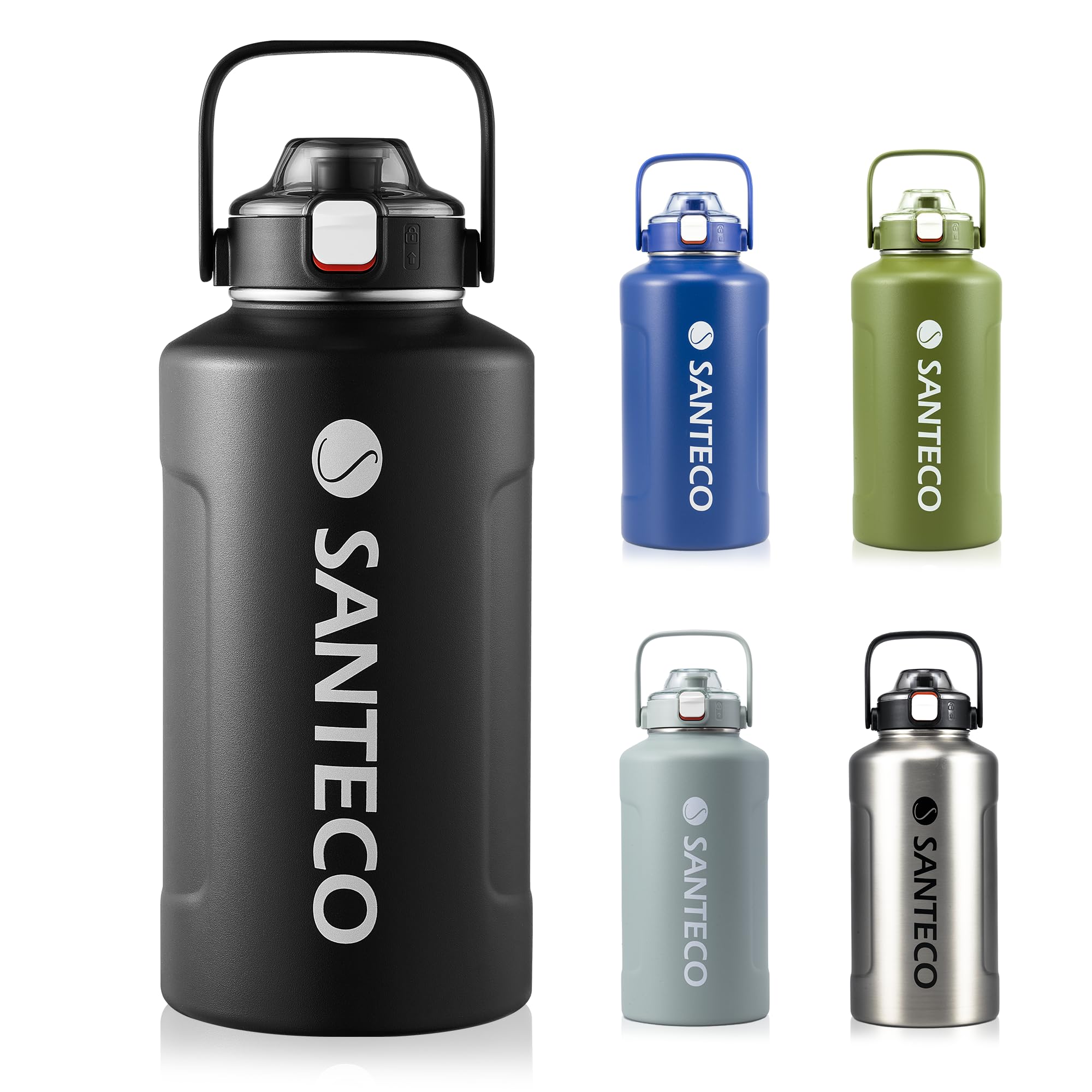 

SANTECO Vacuum Insulated Stainless Steel Water Bottle, 1900ml, Large Capacity, with Straw, Black, for Hot or Cold Drinks