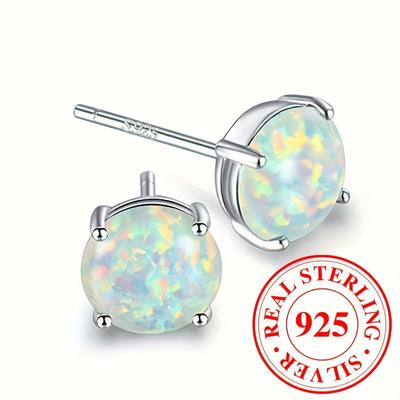 925 Sterling Silver Round White Fire Opal Stud Earrings for Women Girls Creative Wedding Party Jewelry Gift