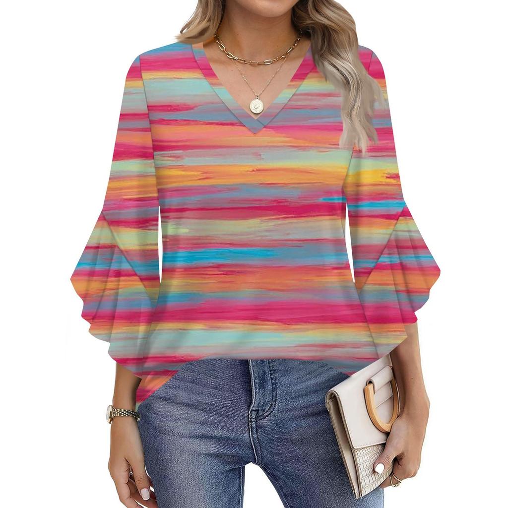 Damenmode Lässig Sieben-Minuten-Ärmel Streifendruck Oberteil V-Ausschnitt T-Shirt Glockenärmel Hemd
