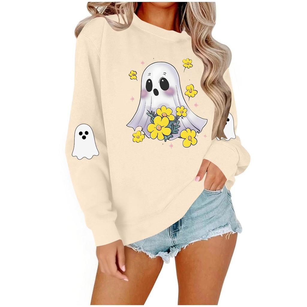 Women's Fashionable Casual Long-sleeved Halloween Printed Round-neck Top