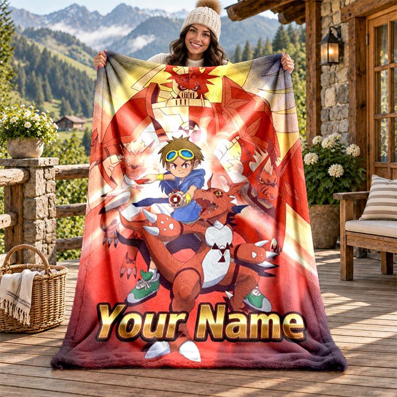 Digimon Custom Name Flannel Blanket Personalized Soft Warm Plush Throw Blanket Customized Gift for Family Friends
