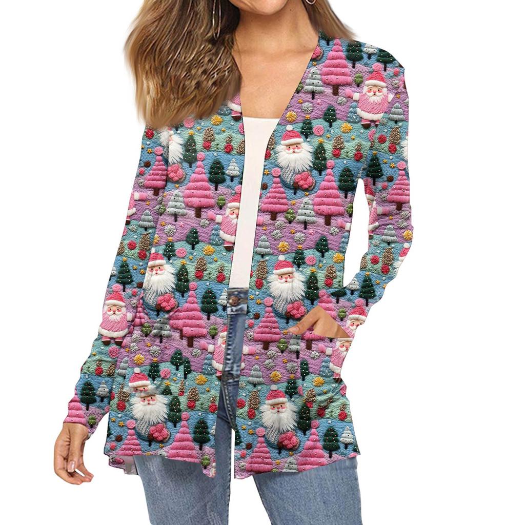 Dámský módní vánoční potisk dlouhý rukáv kapsy slim fit kardigan kabát