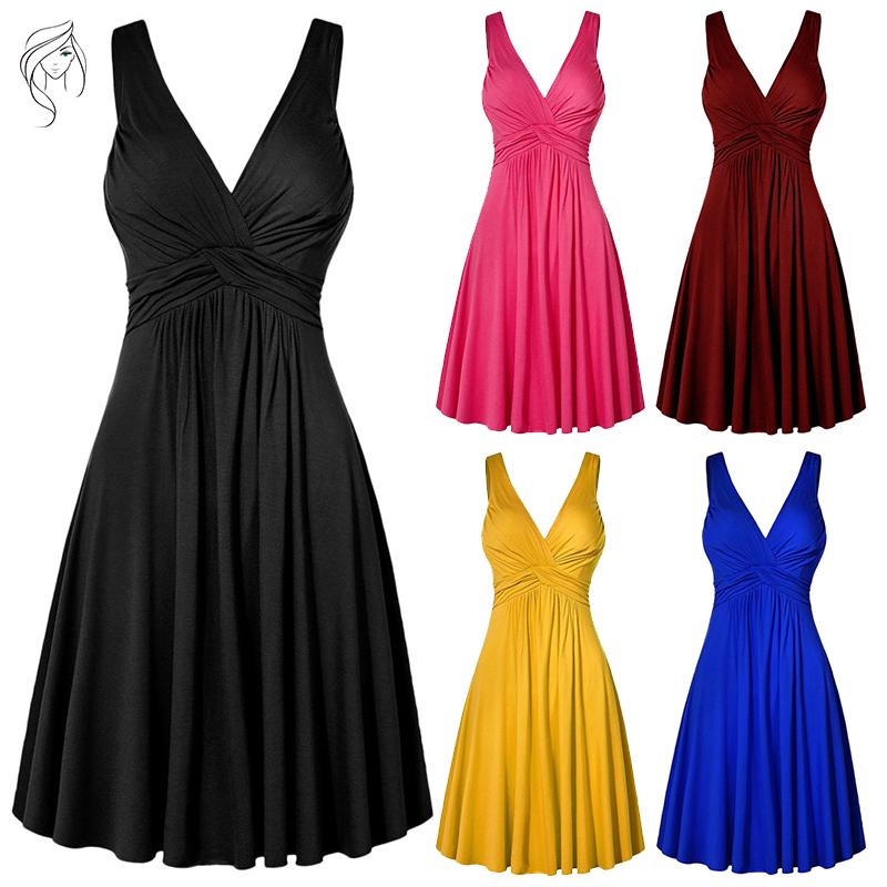 Vestido Mujer Tallas Grandes Cuello En V Retro Sling Plisado Vestido Mujer Tallas Grandes Cuello En V Retro Sling Plisado