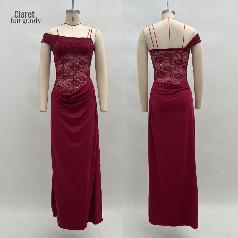 European Summer 2025 Sexy Spaghetti Strap Lace Patchwork Long Dress for Women