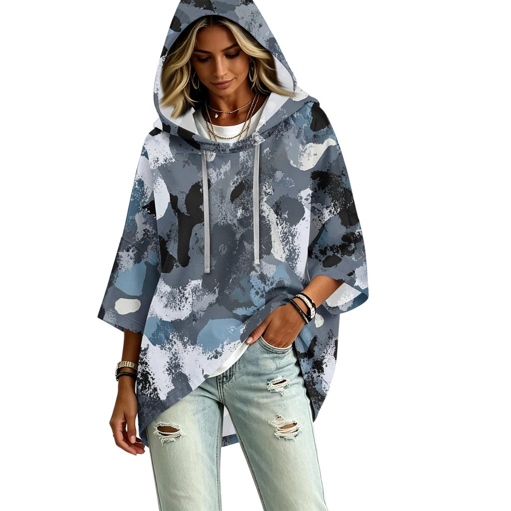 Women's Casual Camouflage Print Hooded Pullover Top with Three-Quarter Sleeves