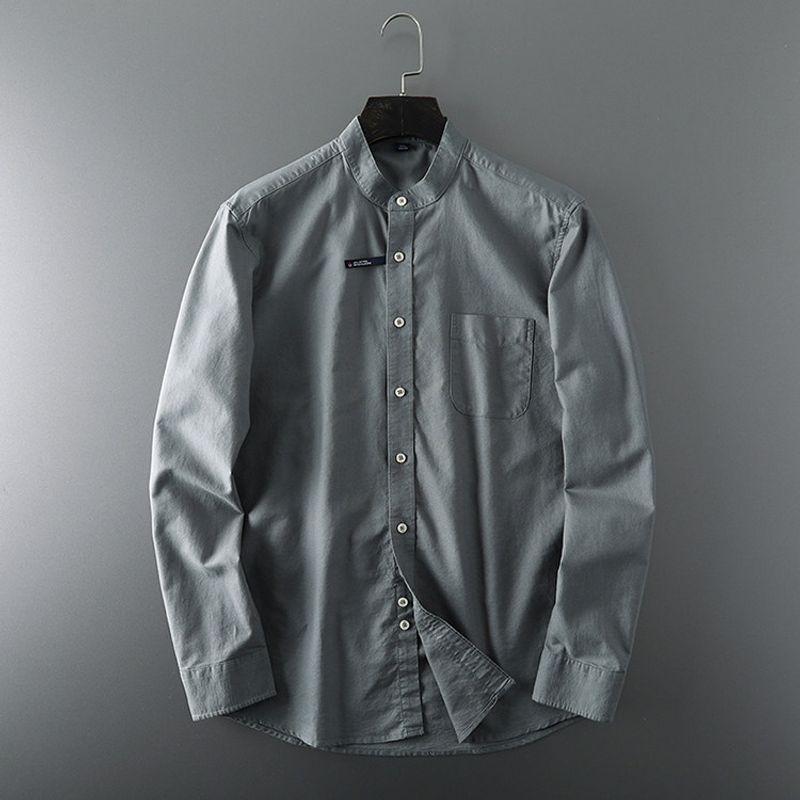 Plaid Washed Pure Cotton! Spring & Fall Men Pure Color Small Stand Collar Casual Long Sleeve Shirt Washed Oxford Woven Shirts Tide Army Green XL