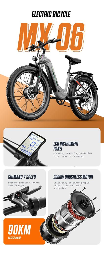 Shengmilo Mx06 Pro Electric Bike 2000W Dual Motor Electric Bicycle Fat Bike Electric 26" E-bike 48V 17.5AH Battery Ebike