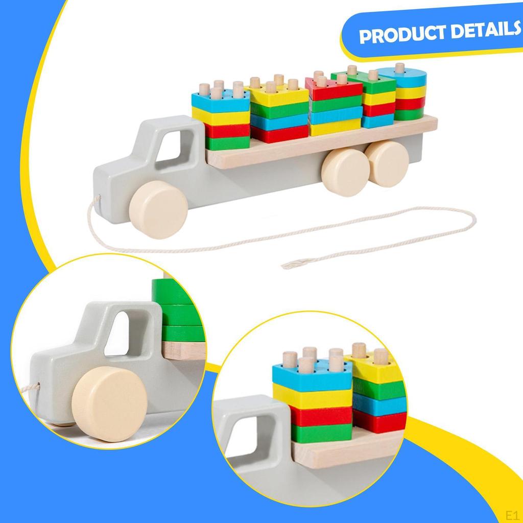 Wooden Building Blocks Vehicle Toy Preschool Shape Sorter Stacking Game Kids