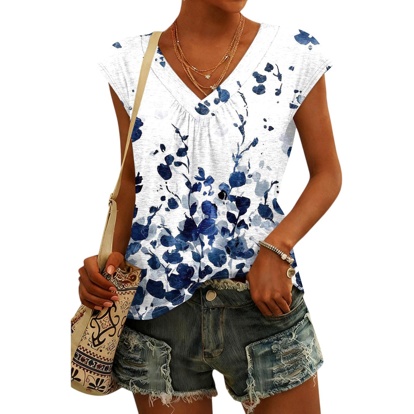 

Women s Fashion V-neck Vintage Floral Print Short Sleeve Top XL